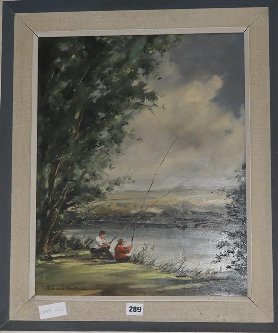 Gudrun Sibbons, oil on board, anglers beside a river, signed, 50 x 39cm